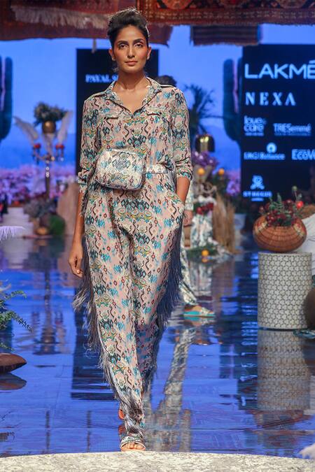 Payal Singhal_Pink Crepe Printed Ikat Love Collared Neck Ista Jumpsuit _Online_at_Aza_Fashions
