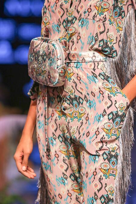 Payal Singhal_Pink Crepe Printed Ikat Love Collared Neck Ista Jumpsuit _at_Aza_Fashions