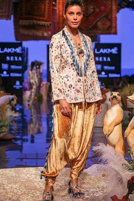 Payal Singhal_Beige Velvet Embroidered Floral Motifs Shawl Collar Almir Jacket And Pant Set_Online_at_Aza_Fashions