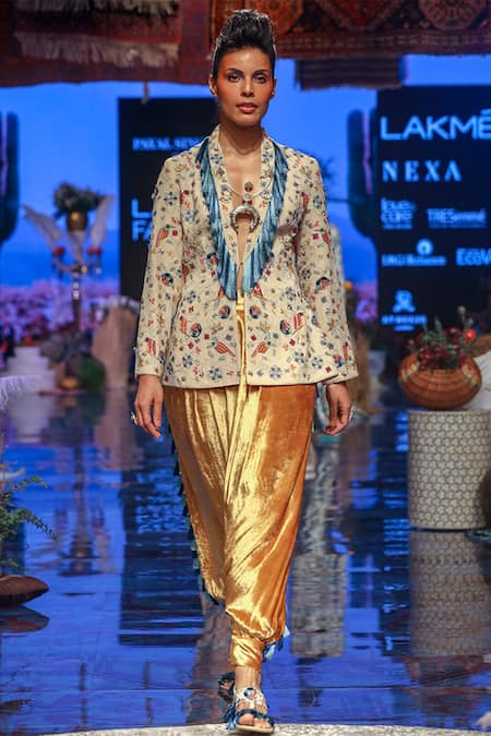 Buy_Payal Singhal_Beige Velvet Embroidered Floral Motifs Shawl Collar Almir Jacket And Pant Set_Online_at_Aza_Fashions