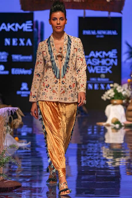 Shop_Payal Singhal_Beige Velvet Embroidered Floral Motifs Shawl Collar Almir Jacket And Pant Set_Online_at_Aza_Fashions
