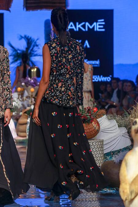 Shop Payal Singhal Black Georgette Embroidered Floral Motifs Plunge V Bia Draped Jacket And Skirt Set at Aza Fashions Shop_Payal Singhal_Black Georgette Embroidered Floral Motifs Plunge V Bia Draped Jacket And Skirt Set_at_Aza_Fashions