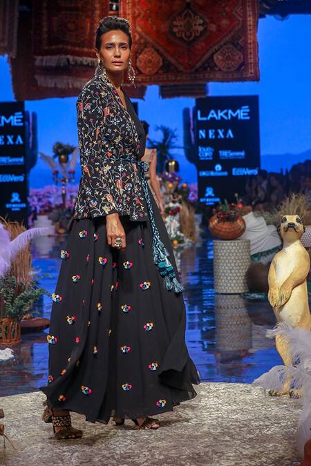 Payal Singhal Black Georgette Embroidered Floral Motifs Plunge V Bia Draped Jacket And Skirt Set Online at Aza Fashions Payal Singhal_Black Georgette Embroidered Floral Motifs Plunge V Bia Draped Jacket And Skirt Set_Online_at_Aza_Fashions