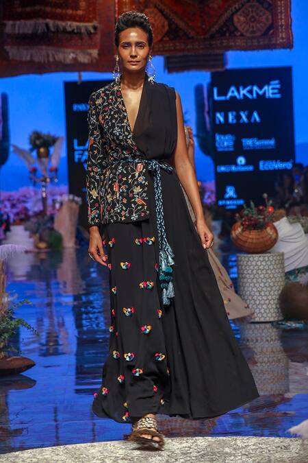 Buy Payal Singhal Black Georgette Embroidered Floral Motifs Plunge V Bia Draped Jacket And Skirt Set Online at Aza Fashions Buy_Payal Singhal_Black Georgette Embroidered Floral Motifs Plunge V Bia Draped Jacket And Skirt Set_Online_at_Aza_Fashions