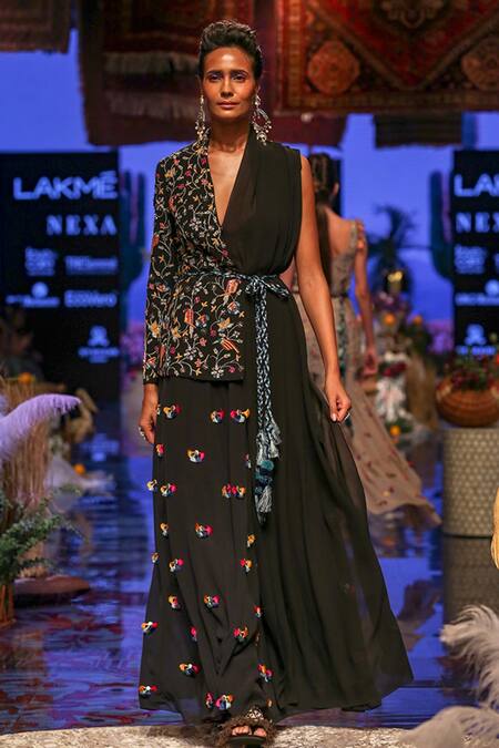 Payal Singhal Black Georgette Embroidered Floral Motifs Plunge V Bia Draped Jacket And Skirt Set at Aza Fashions Payal Singhal_Black Georgette Embroidered Floral Motifs Plunge V Bia Draped Jacket And Skirt Set_at_Aza_Fashions