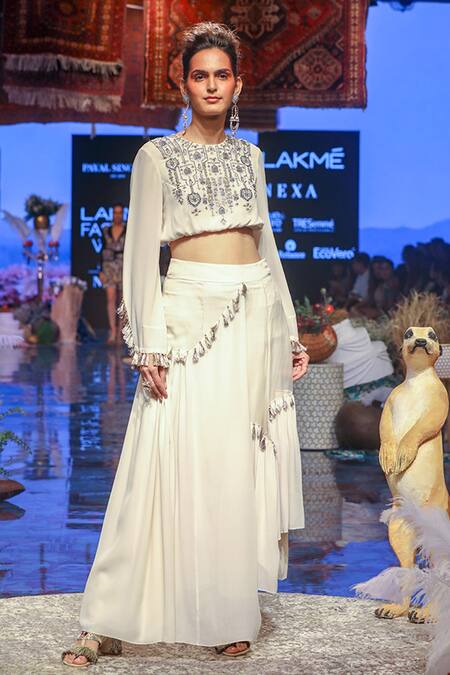 Payal Singhal_White Organza, Georgette Geometric Motif Elena Balloon Top And Panelled Skirt Set_Online_at_Aza_Fashions