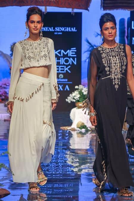 Buy_Payal Singhal_White Organza, Georgette Geometric Motif Elena Balloon Top And Panelled Skirt Set_Online_at_Aza_Fashions
