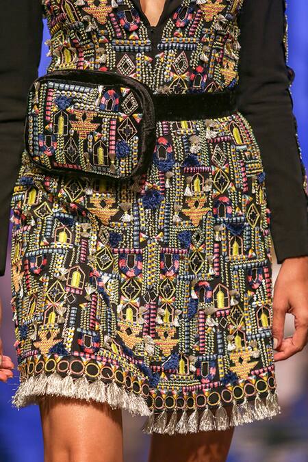 Payal Singhal_Black Georgette Embroidered Geometric Motif Notched Lapel Collar Eli Coat Dress _at_Aza_Fashions