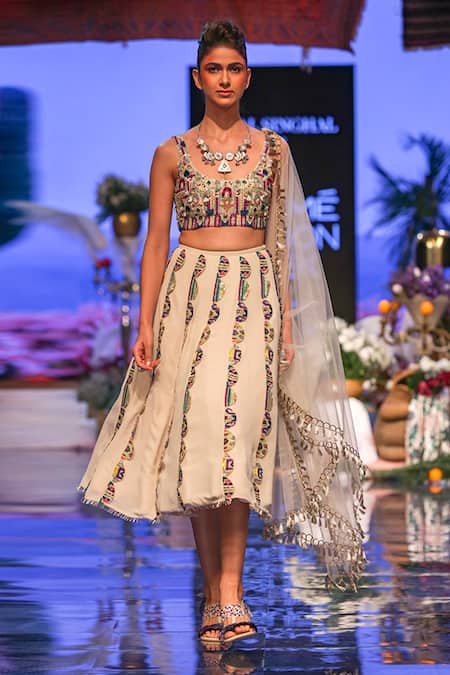 Payal Singhal Beige Georgette Embroidered Scoop Neck Ema Cropped Lehenga Set 