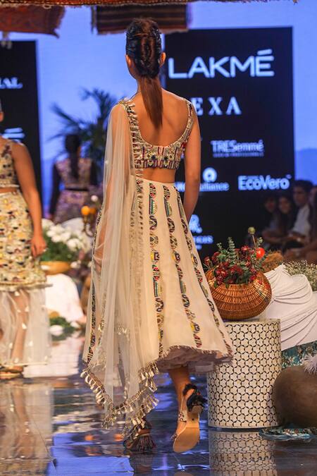 Shop Payal Singhal Beige Georgette Scoop Neck Ema Embroidered Cropped Lehenga Set at Aza Fashions Shop_Payal Singhal_Beige Georgette Scoop Neck Ema Embroidered Cropped Lehenga Set_at_Aza_Fashions