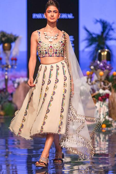Payal Singhal Beige Georgette Scoop Neck Ema Embroidered Cropped Lehenga Set Online at Aza Fashions Payal Singhal_Beige Georgette Scoop Neck Ema Embroidered Cropped Lehenga Set_Online_at_Aza_Fashions