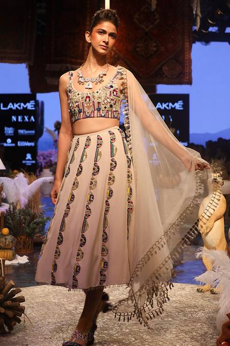 Buy Payal Singhal Beige Georgette Scoop Neck Ema Embroidered Cropped Lehenga Set Online at Aza Fashions Buy_Payal Singhal_Beige Georgette Scoop Neck Ema Embroidered Cropped Lehenga Set_Online_at_Aza_Fashions