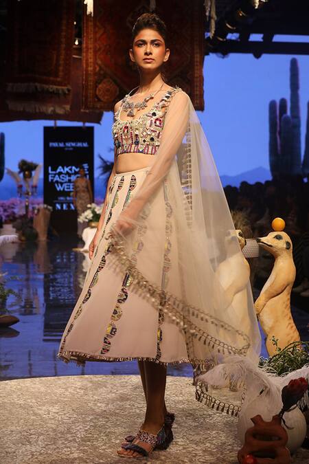 Shop Payal Singhal Beige Georgette Scoop Neck Ema Embroidered Cropped Lehenga Set Online at Aza Fashions Shop_Payal Singhal_Beige Georgette Scoop Neck Ema Embroidered Cropped Lehenga Set_Online_at_Aza_Fashions