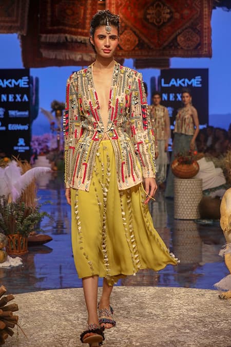 Payal Singhal Green Organza, Georgette Geometric Motif Marakesh Embroidered Jacket And Skirt Set Online at Aza Fashions Payal Singhal_Green Organza, Georgette Geometric Motif Marakesh Embroidered Jacket And Skirt Set _Online_at_Aza_Fashions