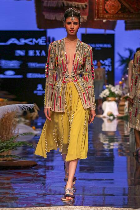 Shop Payal Singhal Green Organza, Georgette Geometric Motif Marakesh Embroidered Jacket And Skirt Set Online at Aza Fashions Shop_Payal Singhal_Green Organza, Georgette Geometric Motif Marakesh Embroidered Jacket And Skirt Set _Online_at_Aza_Fashions