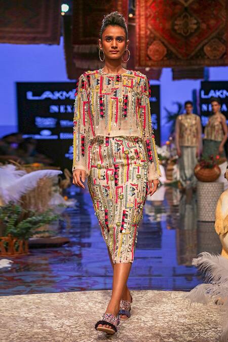 Payal Singhal Beige Organza Embroidered Geometric Motif Round Isa Crop Top And Skirt Set Online at Aza Fashions Payal Singhal_Beige Organza Embroidered Geometric Motif Round Isa Crop Top And Skirt Set _Online_at_Aza_Fashions