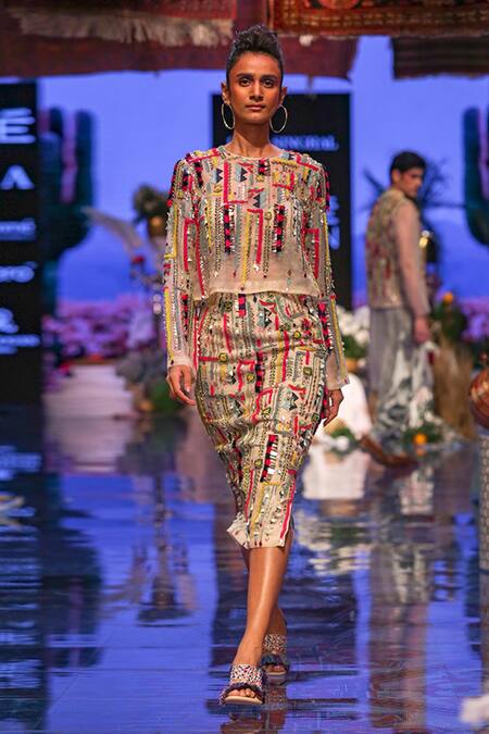 Buy Payal Singhal Beige Organza Embroidered Geometric Motif Round Isa Crop Top And Skirt Set Online at Aza Fashions Buy_Payal Singhal_Beige Organza Embroidered Geometric Motif Round Isa Crop Top And Skirt Set _Online_at_Aza_Fashions