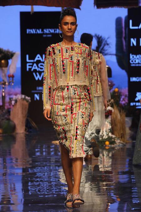 Shop Payal Singhal Beige Organza Embroidered Geometric Motif Round Isa Crop Top And Skirt Set Online at Aza Fashions Shop_Payal Singhal_Beige Organza Embroidered Geometric Motif Round Isa Crop Top And Skirt Set _Online_at_Aza_Fashions