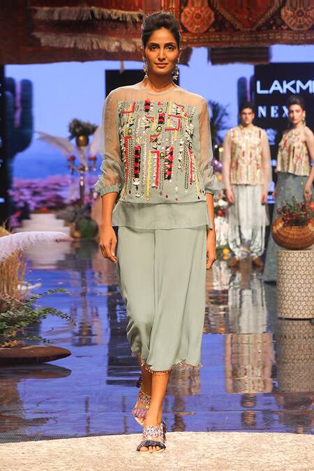 Payal Singhal_Blue Organza Embroidered Geometric Motif Round Julia Top And Culottes Pant Set _Online_at_Aza_Fashions