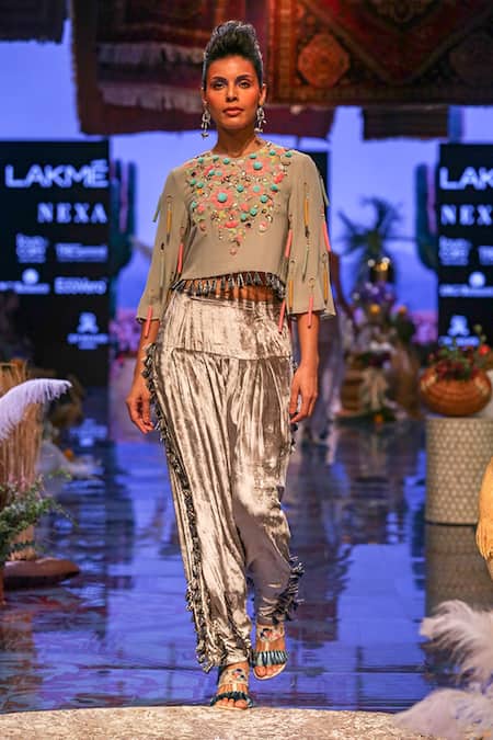 Payal Singhal Grey Georgette Embroidered Floral Motifs Lucia Crop Top And Velvet Salwar Set