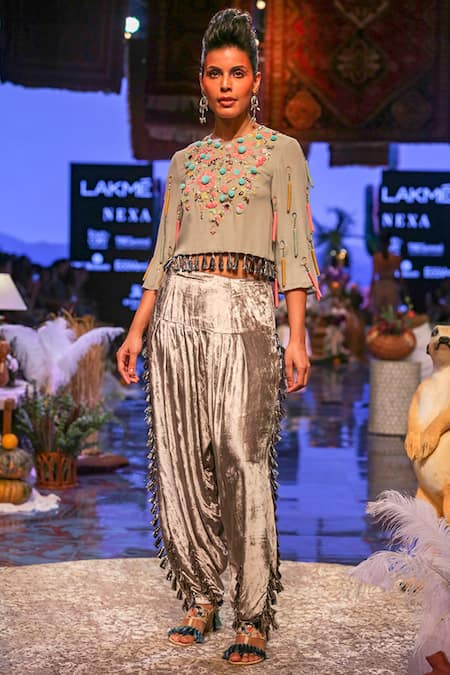 Payal Singhal_Grey Velvet, Georgette Floral Motifs Round Lucia Crop Top And Salwar Set _Online_at_Aza_Fashions