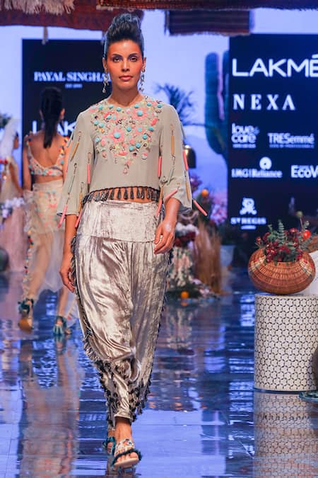 Buy_Payal Singhal_Grey Velvet, Georgette Floral Motifs Round Lucia Crop Top And Salwar Set _Online_at_Aza_Fashions