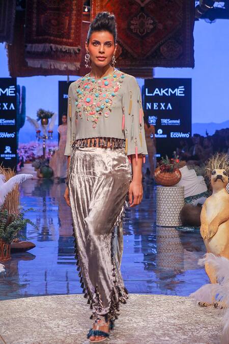 Shop_Payal Singhal_Grey Velvet, Georgette Floral Motifs Round Lucia Crop Top And Salwar Set _Online_at_Aza_Fashions