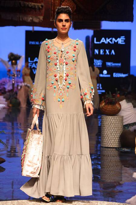 Payal Singhal_Grey Georgette Embroidered Geometric Motif Round Marita Yoke Gown _Online_at_Aza_Fashions