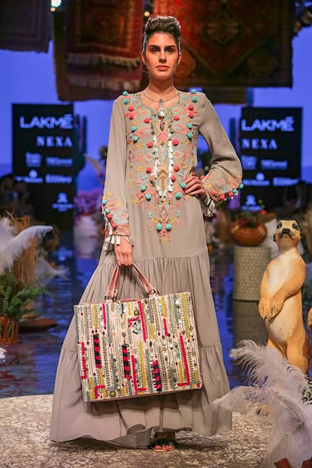 Buy_Payal Singhal_Grey Georgette Embroidered Geometric Motif Round Marita Yoke Gown _Online_at_Aza_Fashions