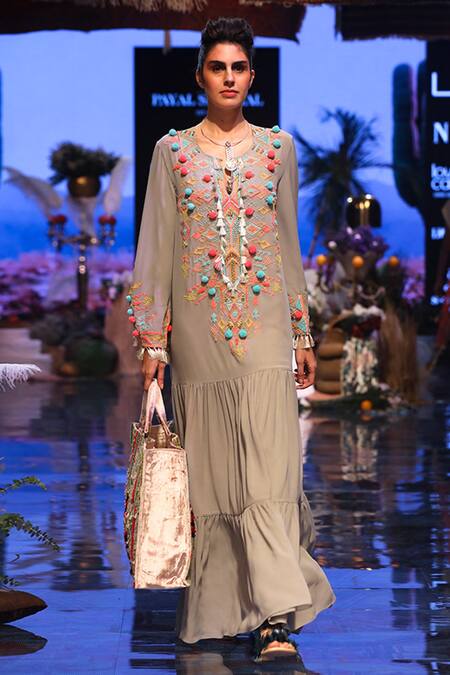 Shop_Payal Singhal_Grey Georgette Embroidered Geometric Motif Round Marita Yoke Gown _Online_at_Aza_Fashions