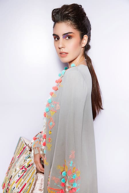 Payal Singhal_Grey Georgette Embroidered Geometric Motif Round Marita Yoke Gown _at_Aza_Fashions