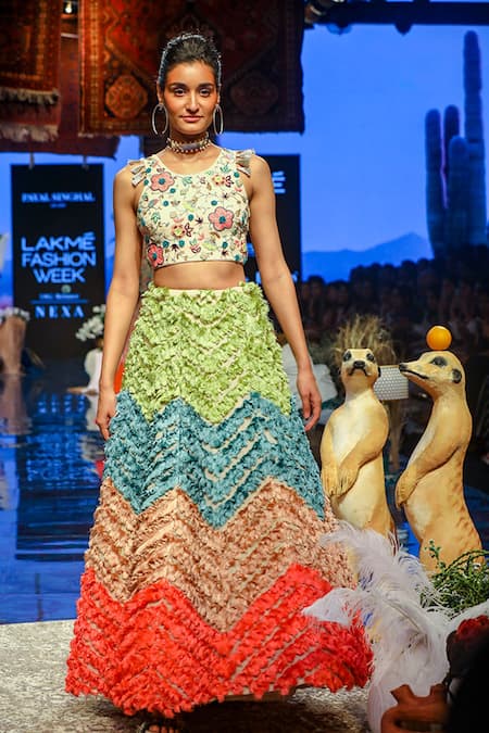 Payal Singhal_Multi Color Georgette Floral Motifs Round Pia Choli And Tasselled Lehenga Set_Online_at_Aza_Fashions