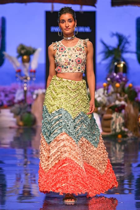 Buy_Payal Singhal_Multi Color Georgette Floral Motifs Round Pia Choli And Tasselled Lehenga Set_Online_at_Aza_Fashions