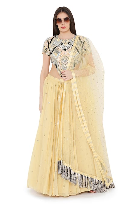 Payal Singhal Yellow Crepe Embroidered Mukaish Round Panelled Lehenga Set 
