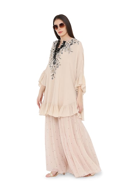 Payal Singhal_Beige Georgette Floral Motifs Notched Embroidered Yoke Kurta And Sharara Set_Online_at_Aza_Fashions