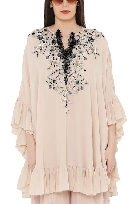 Buy_Payal Singhal_Beige Georgette Floral Motifs Notched Embroidered Yoke Kurta And Sharara Set_Online_at_Aza_Fashions