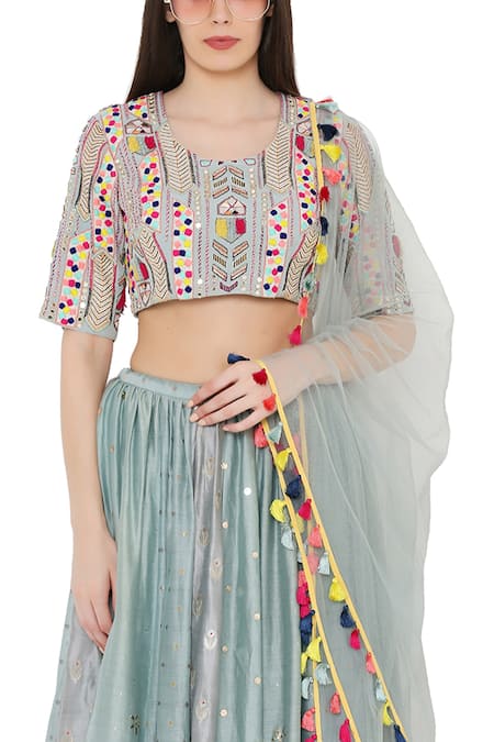 Buy_Payal Singhal_Blue Net, Georgette, Brocade, Silkmul Mukaish Embroidered Panelled Lehenga Set _Online_at_Aza_Fashions