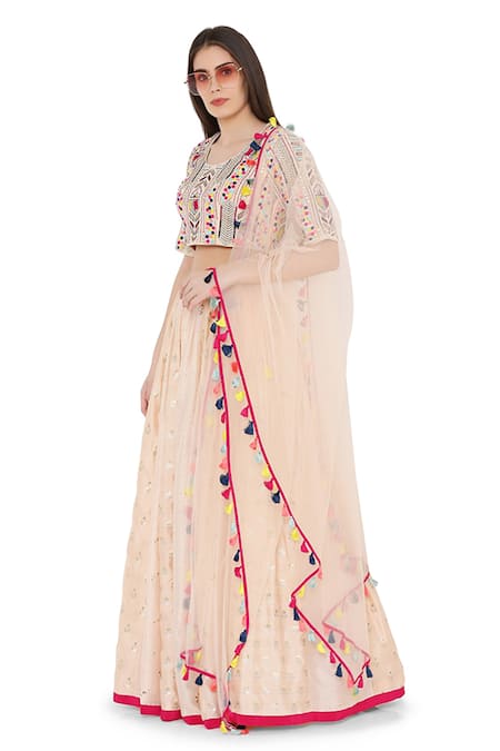 Payal Singhal_Peach Net, Georgette, Brocade, Silkmul Mukaish Embroidered Panelled Lehenga Set _Online_at_Aza_Fashions
