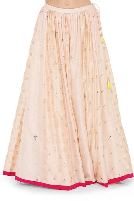 Shop_Payal Singhal_Peach Net, Georgette, Brocade, Silkmul Mukaish Embroidered Panelled Lehenga Set _Online_at_Aza_Fashions