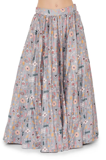 Shop_Payal Singhal_Grey Net, Dupion Silk Bandhani Kilim Round Print Lehenga Set_Online_at_Aza_Fashions