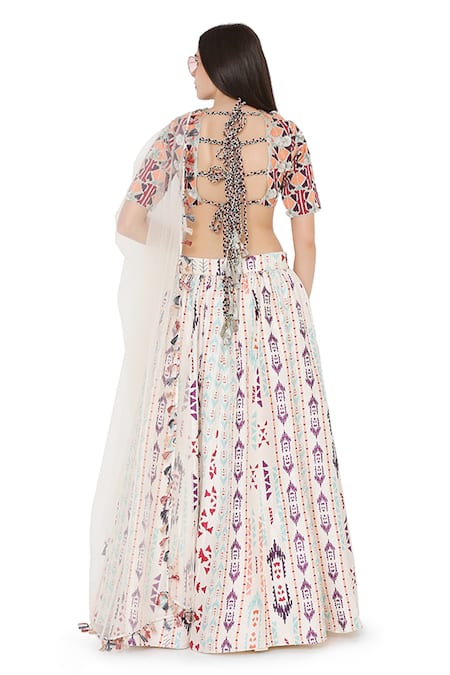 Shop Payal Singhal Beige Net, Crepe, Dupion Silk Ikat Stripe Round Print Lehenga Set at Aza Fashions Shop_Payal Singhal_Beige Net, Crepe, Dupion Silk Ikat Stripe Round Print Lehenga Set _at_Aza_Fashions