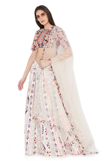 Payal Singhal Beige Net, Crepe, Dupion Silk Ikat Stripe Round Print Lehenga Set Online at Aza Fashions Payal Singhal_Beige Net, Crepe, Dupion Silk Ikat Stripe Round Print Lehenga Set _Online_at_Aza_Fashions