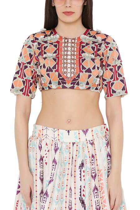 Buy Payal Singhal Beige Net, Crepe, Dupion Silk Ikat Stripe Round Print Lehenga Set Online at Aza Fashions Buy_Payal Singhal_Beige Net, Crepe, Dupion Silk Ikat Stripe Round Print Lehenga Set _Online_at_Aza_Fashions