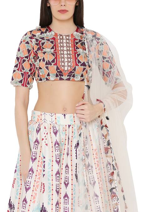 Shop Payal Singhal Beige Net, Crepe, Dupion Silk Ikat Stripe Round Print Lehenga Set Online at Aza Fashions Shop_Payal Singhal_Beige Net, Crepe, Dupion Silk Ikat Stripe Round Print Lehenga Set _Online_at_Aza_Fashions