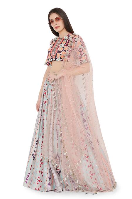 Payal Singhal_Grey Net, Crepe Ikat Stripe Round Print Lehenga Set_Online_at_Aza_Fashions