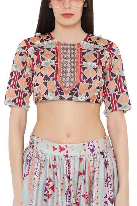 Shop_Payal Singhal_Grey Net, Crepe Ikat Stripe Round Print Lehenga Set_Online_at_Aza_Fashions