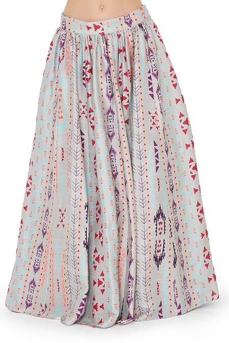 Payal Singhal_Grey Net, Crepe Ikat Stripe Round Print Lehenga Set_at_Aza_Fashions