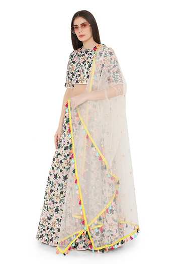 Payal Singhal White Net, Georgette Floral Motifs Round Embroidered Lehenga Set Online at Aza Fashions Payal Singhal_White Net, Georgette Floral Motifs Round Embroidered Lehenga Set _Online_at_Aza_Fashions