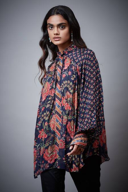 Buy_RI.Ritu Kumar_Blue Viscose Chinon Printed Floral Band Short Kurta _Online_at_Aza_Fashions