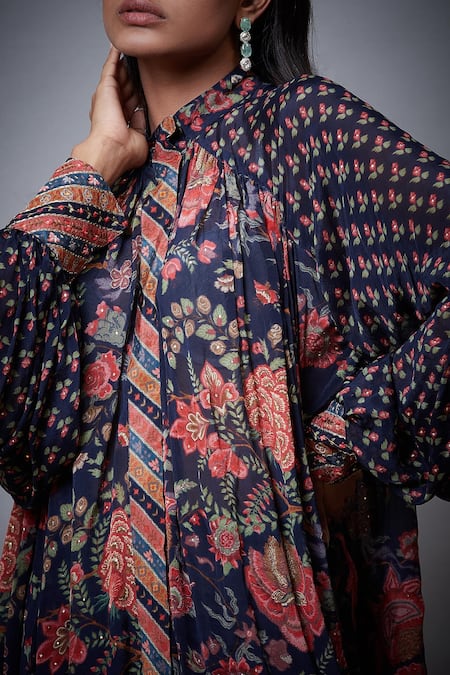 Shop_RI.Ritu Kumar_Blue Viscose Chinon Printed Floral Band Short Kurta _Online_at_Aza_Fashions